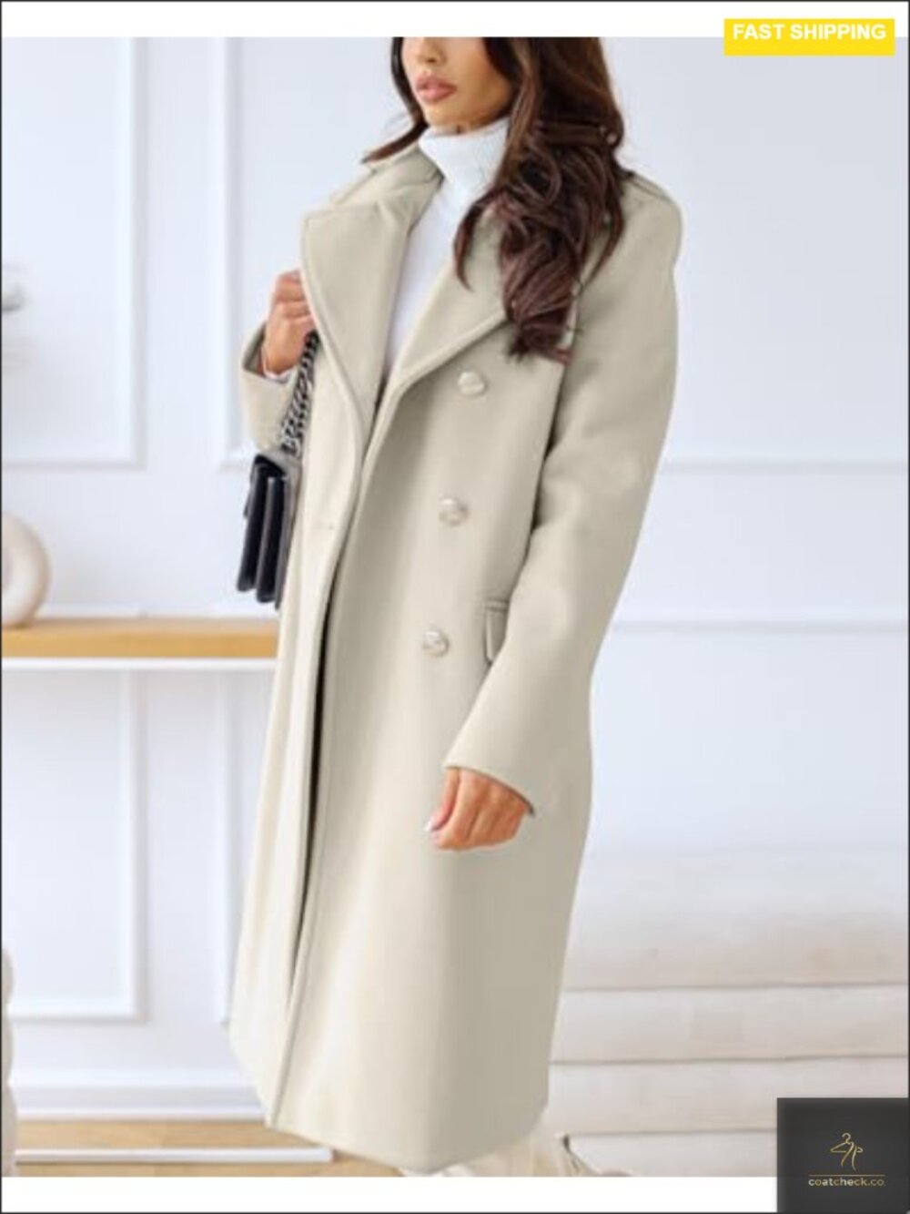 Vintage Double Breasted Long Wool Blend Pea Coat Overcoat with Lapel - Picture 3 of 4